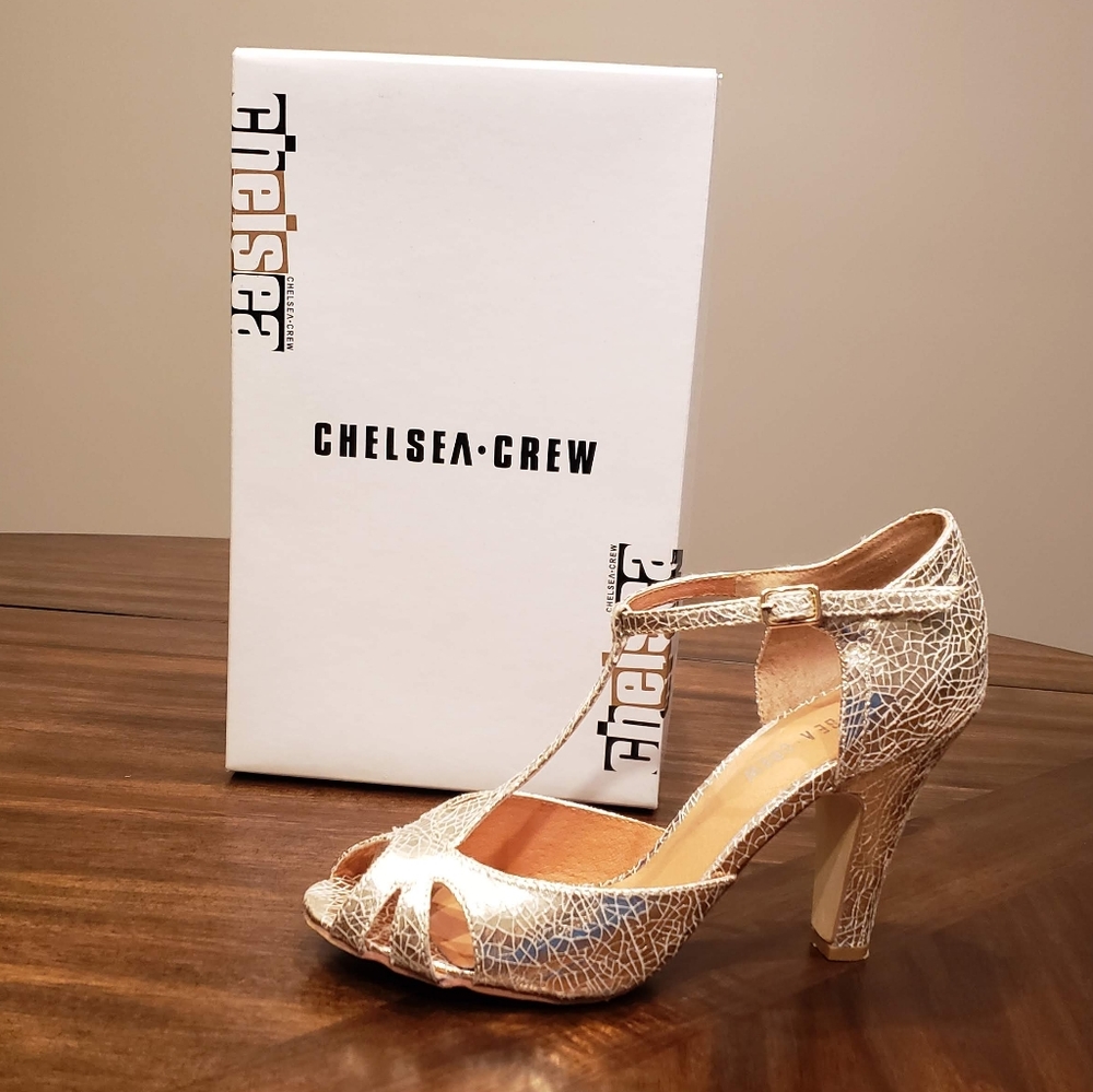 Size 8, Gold T-Strap Heels, Chelsea Crew